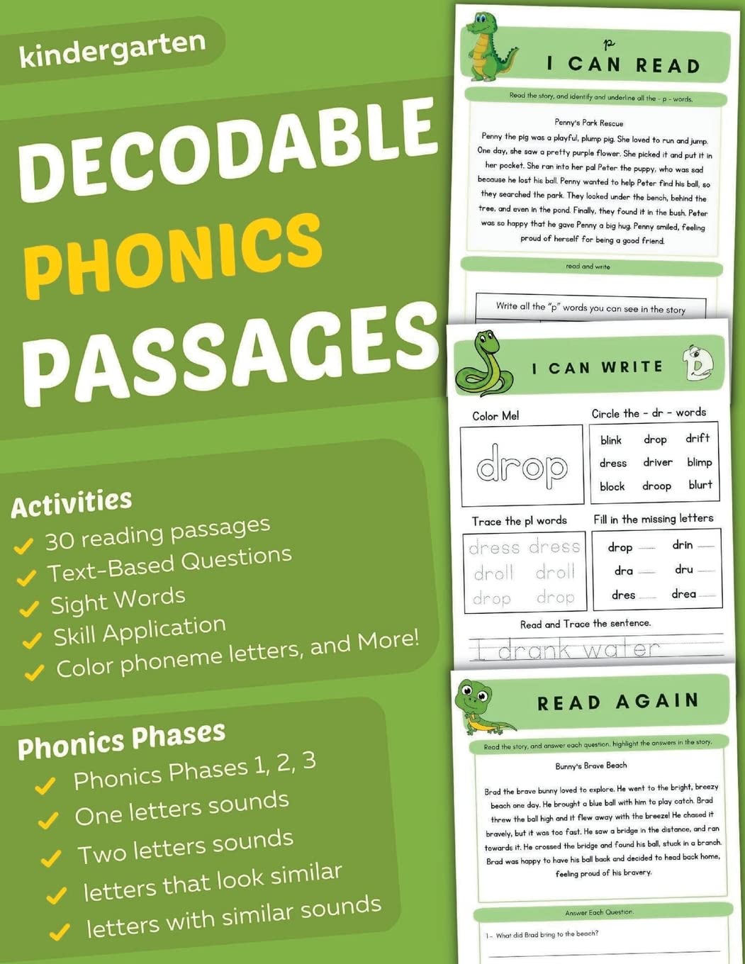 Title: Decodable Phonics Passages for Kindergarten: Improve Reading and Comprehension Skills for Kids, Decodable Texts and Dyslexia Activities with ... on Orton Gillingham Approach- Ages 5 -6)