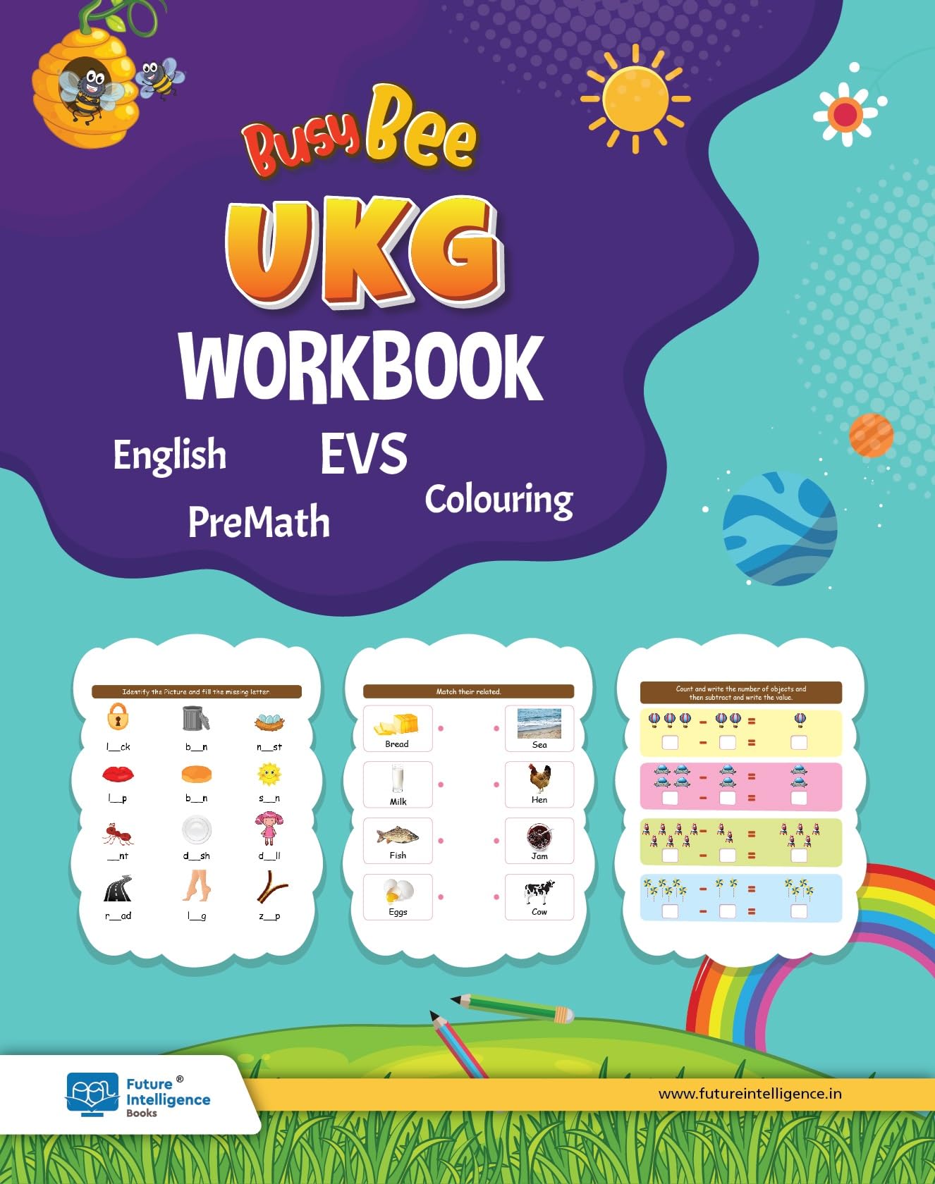 Kinder Activity UKG Worksheets 120 Pages + Sticker Sheet (English, Maths, GK, Colouring) [Workbook] Future Intelligence Books