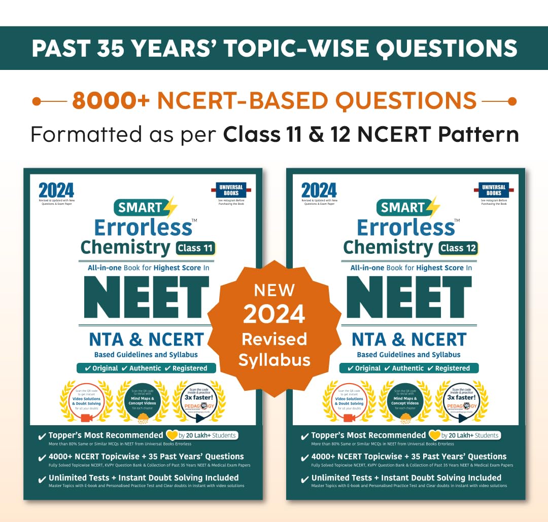 Smart Errorless Chemistry NEET Class 11 & 12 (2024) - NCERT Based | 8000+ NCERT & New Pattern Questions | 35 Past Years Papers | Free E-Book, Mind-maps & App